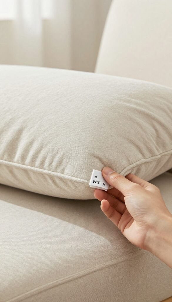 Hand lifting sofa cushion to show fabric care tag with cleaning codes