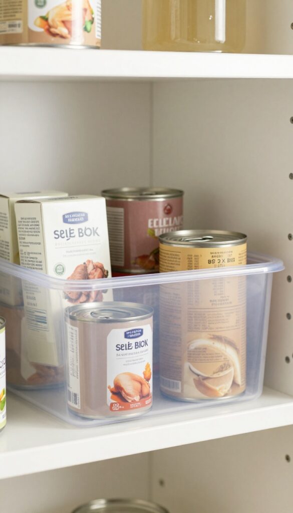 Organized pantry shelf with a clear bin holding broth boxes and cans upright.