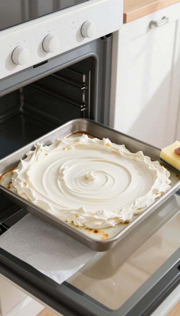 Oven interior with cream of tartar and vinegar paste applied to burnt stain, sponge nearby, natural light