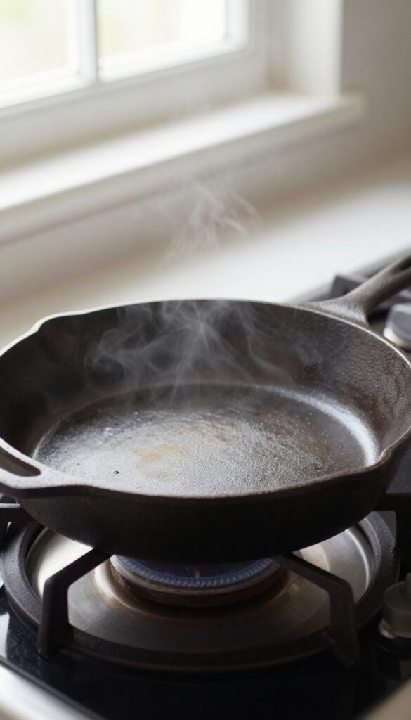 Cast iron skillet drying on a low-heat stove after cleaning