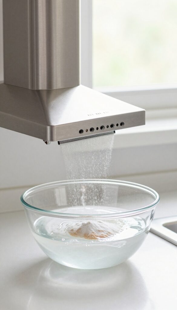 Kitchen exhaust fan filter soaking in hot water and baking soda for cleaning