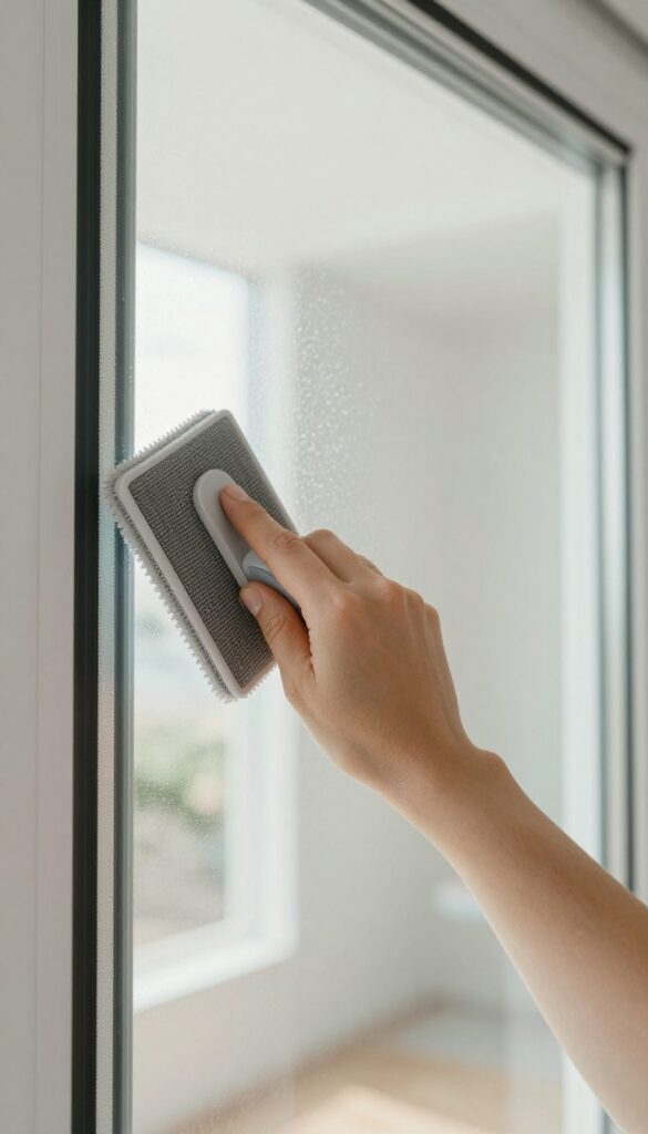 Person using a magnetic window cleaner on a hard-to-reach window