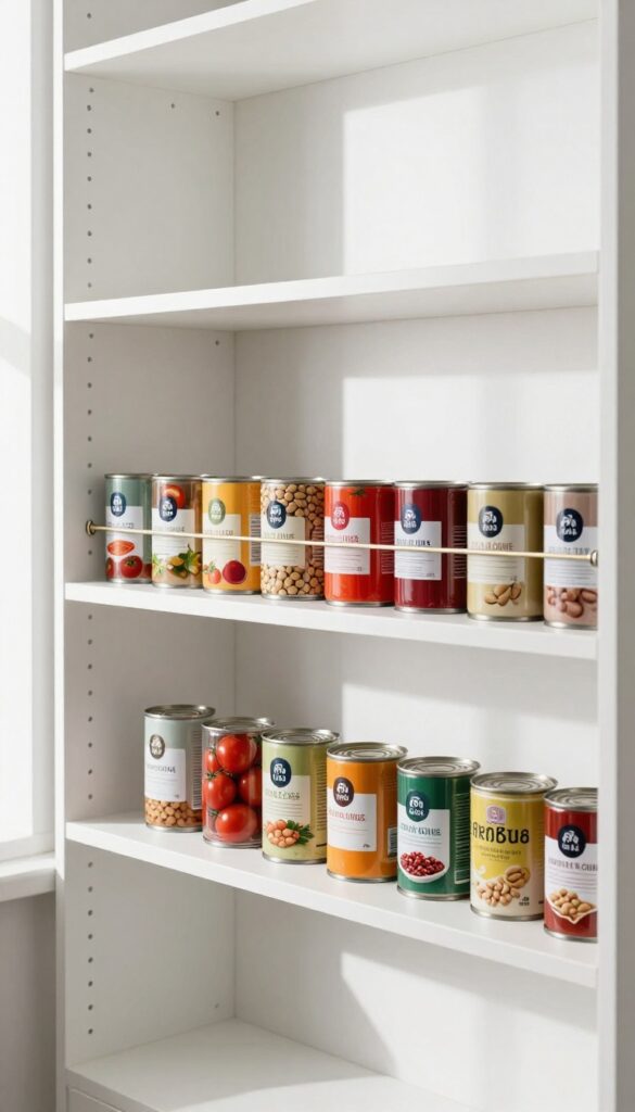 Small pantry with tension rod holding cans vertically for storage