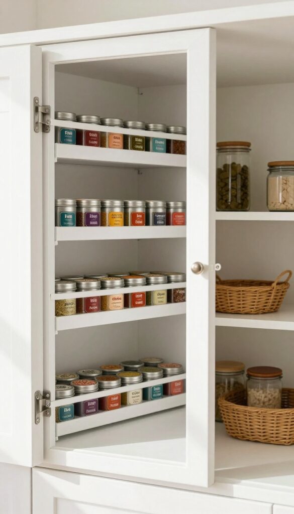 Small pantry with magnetic strip on door holding organized spice jars