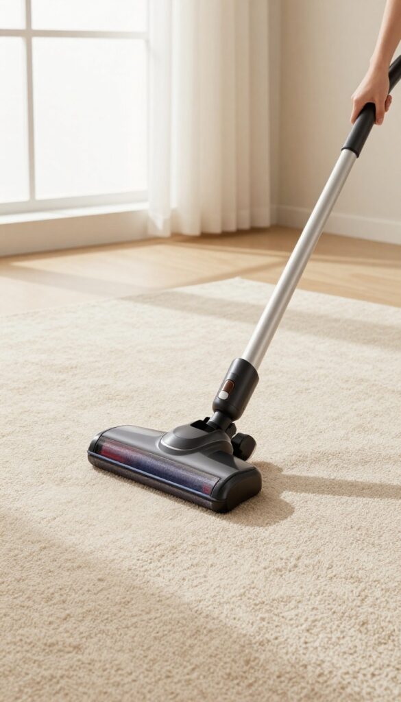 Person vacuuming slowly in diagonal direction on beige carpet in bright living room