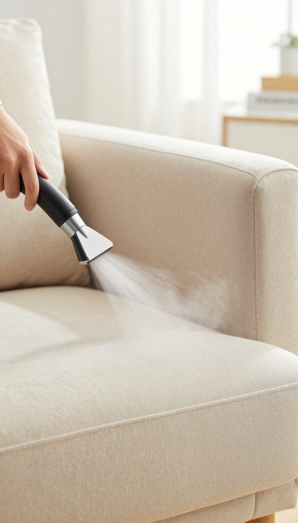 Handheld steam cleaner being used on an upholstered armchair to remove deep dust and allergens
