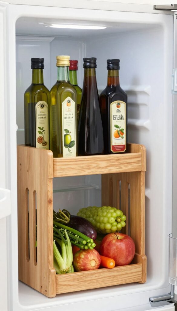 IKEA BEKVÄM spice rack holding tall bottles on their sides inside a refrigerator