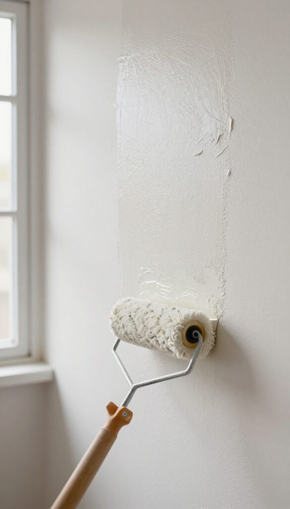 Close-up of a faded wall with a stubborn stain next to fresh paint supplies, representing the need to repaint