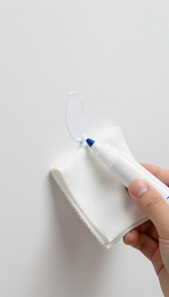 Removing permanent marker from a white wall using toothpaste on a damp cloth.