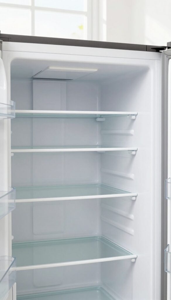 Open refrigerator with removed glass shelf on counter, bright natural light, clean and organized kitchen