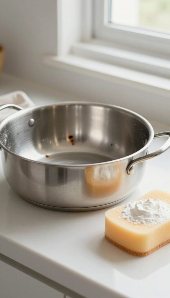 Cream of tartar paste being applied to a burnt pot bottom for cleaning