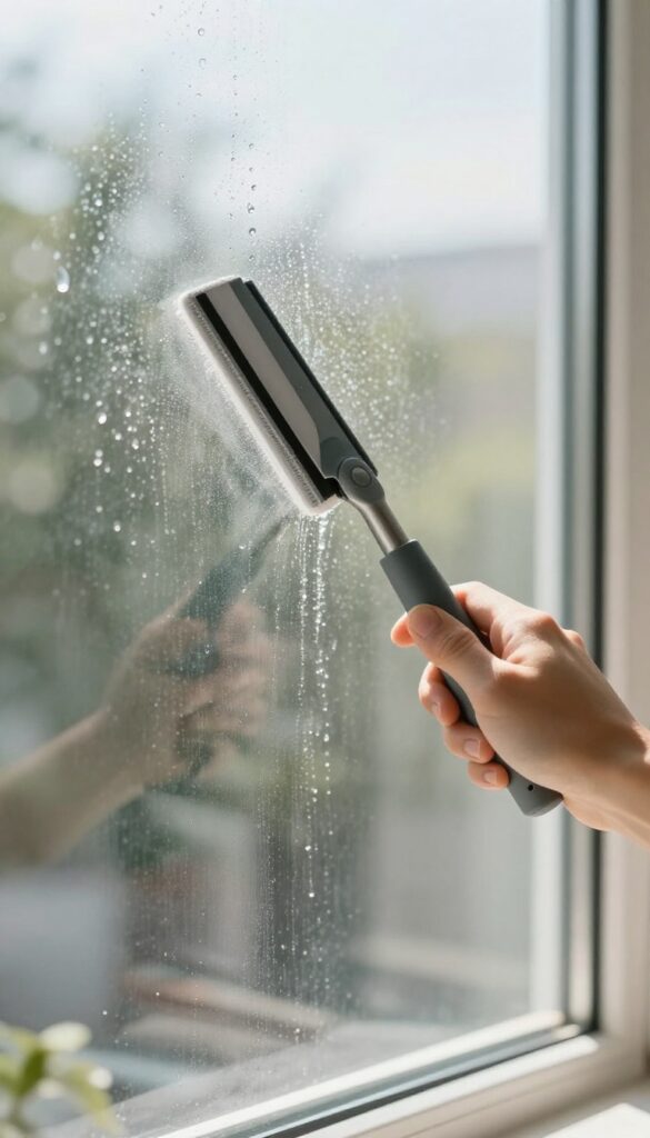 Window cleaning with squeegee in reverse-S pattern, streak-free shine