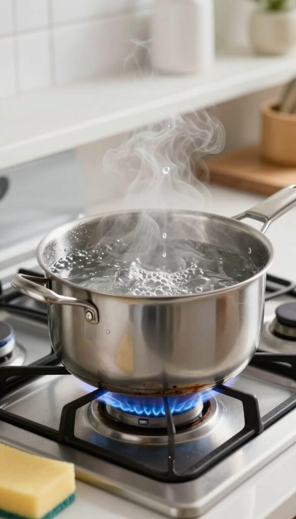 Boiling water with dish soap in a stainless steel pan on a stove to loosen burnt food