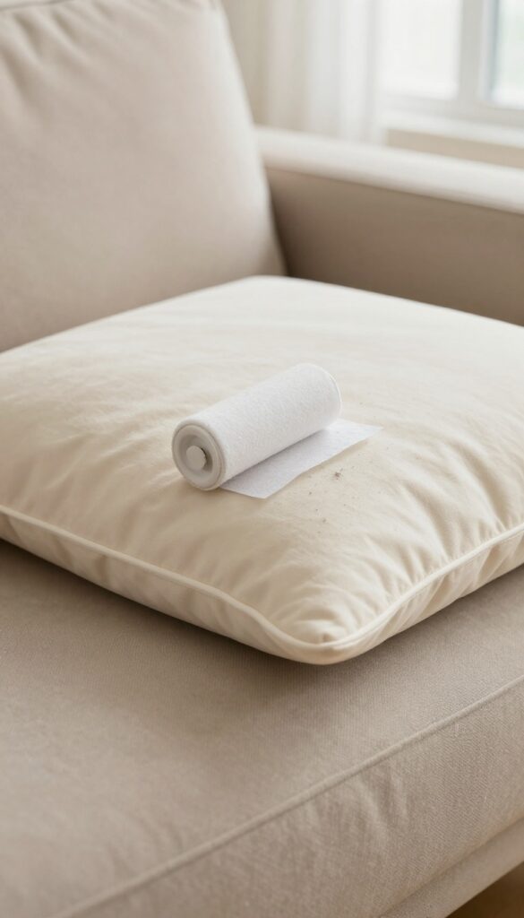 Lint roller picking up pet hair from a couch cushion