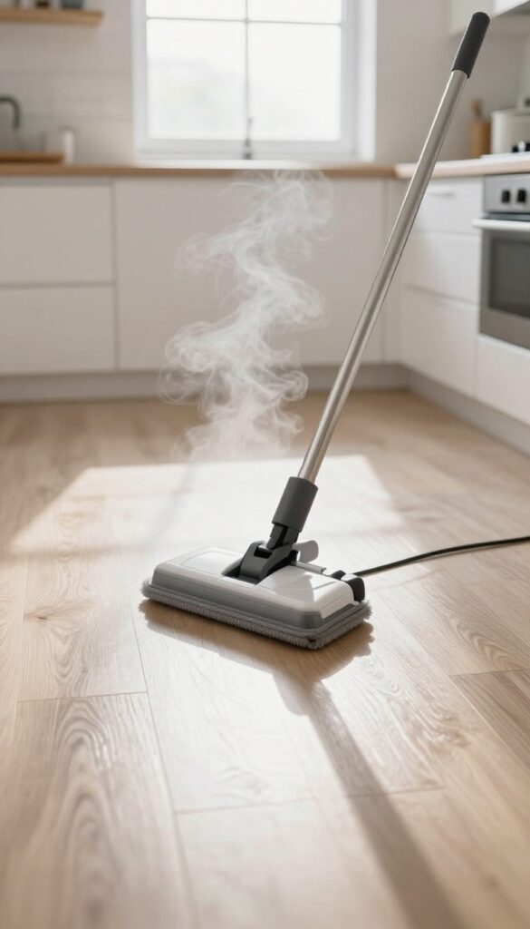 Steam mop cleaning a shiny vinyl floor in a bright kitchen with natural light