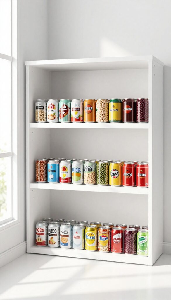 Gravity-fed can dispensers in a bright pantry for soda and bean cans