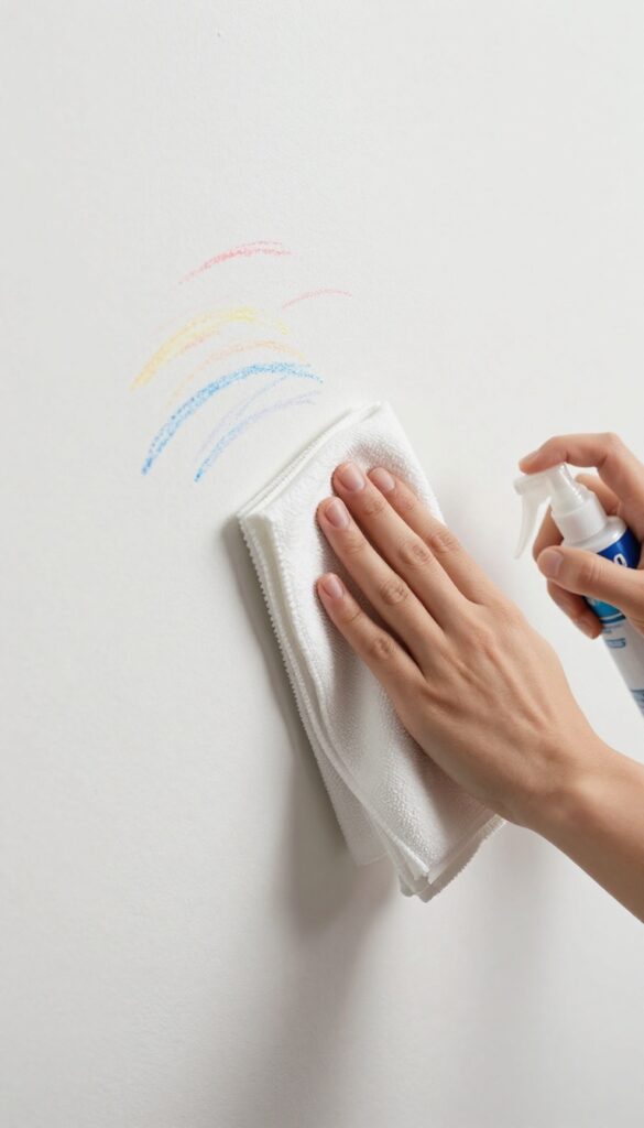 Hand wiping crayon marks off a white wall with a cloth and WD-40