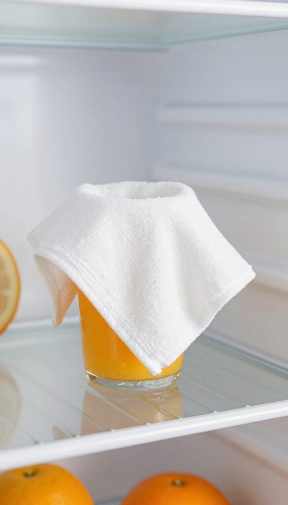 Wiping a fresh juice spill on a clean refrigerator shelf with a microfiber cloth in bright kitchen light.