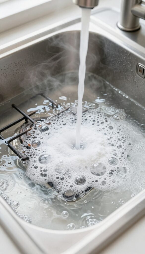 Stove grates soaking in a sink with baking soda and vinegar fizzing reaction