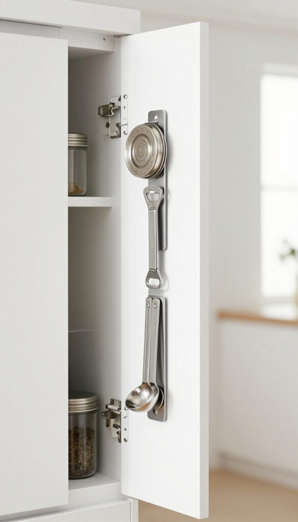 Magnetic strip on pantry door holding metal lids and small tools