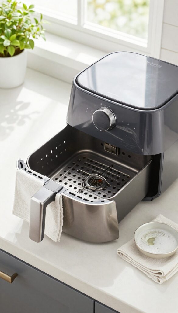 Clean air fryer basket and tray on kitchen counter with damp cloth and soapy water, bright natural light, photorealistic