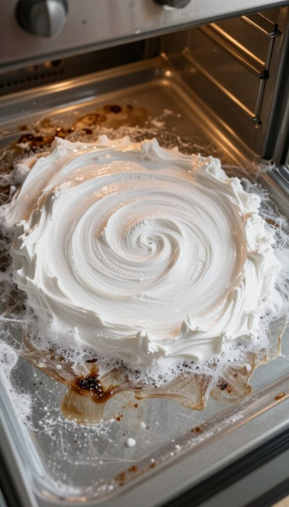 Applying baking soda paste to greasy oven surfaces for cleaning