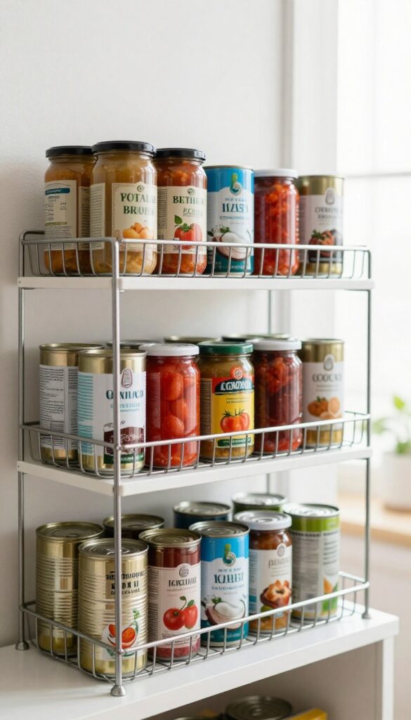 Tiered wire risers on a pantry shelf holding cans and jars in an organized, visible display with natural light.