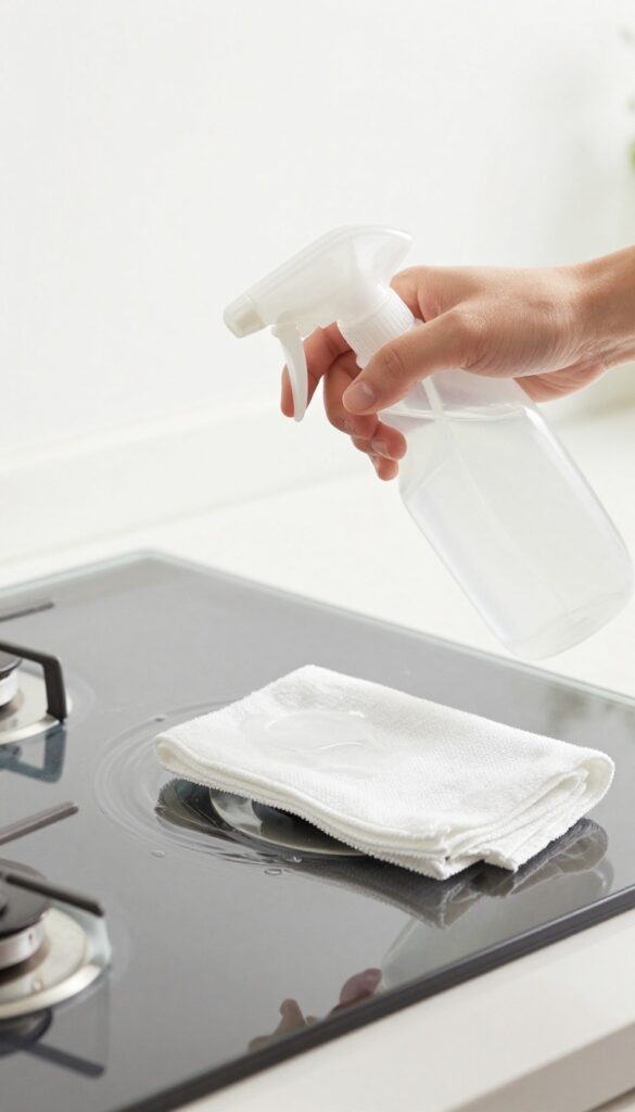 Spraying white vinegar on a glass stove top and wiping with a microfiber cloth for a streak-free shine.