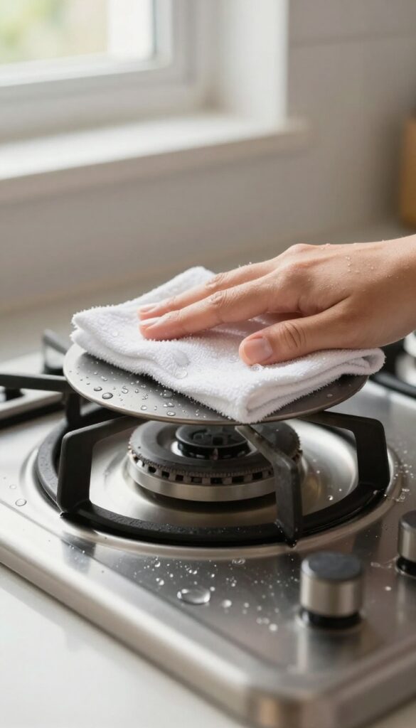 Wiping down a gas stove top with a damp microfiber cloth after cooking