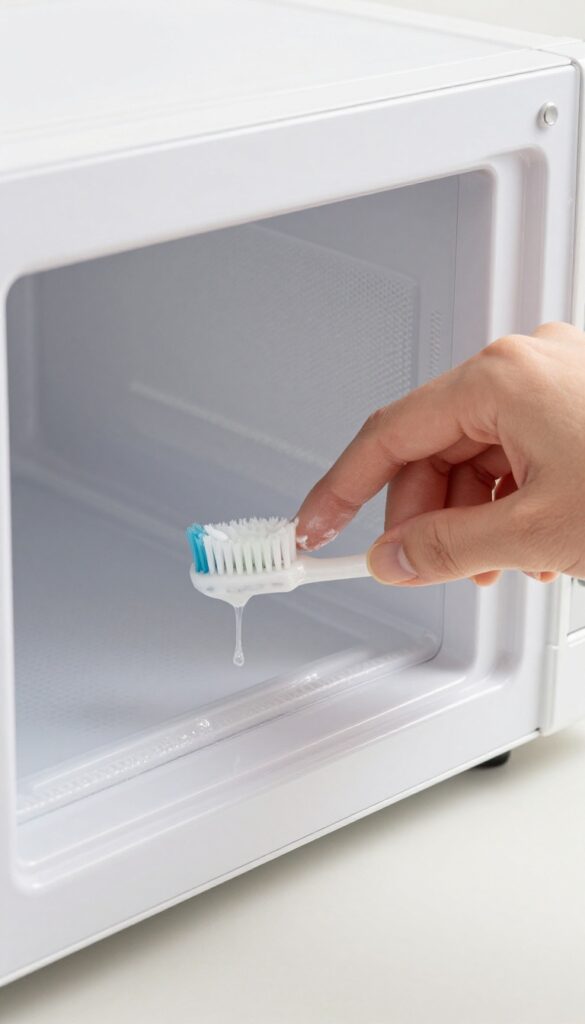 Person using a toothbrush to clean the door seal and crevices of a microwave