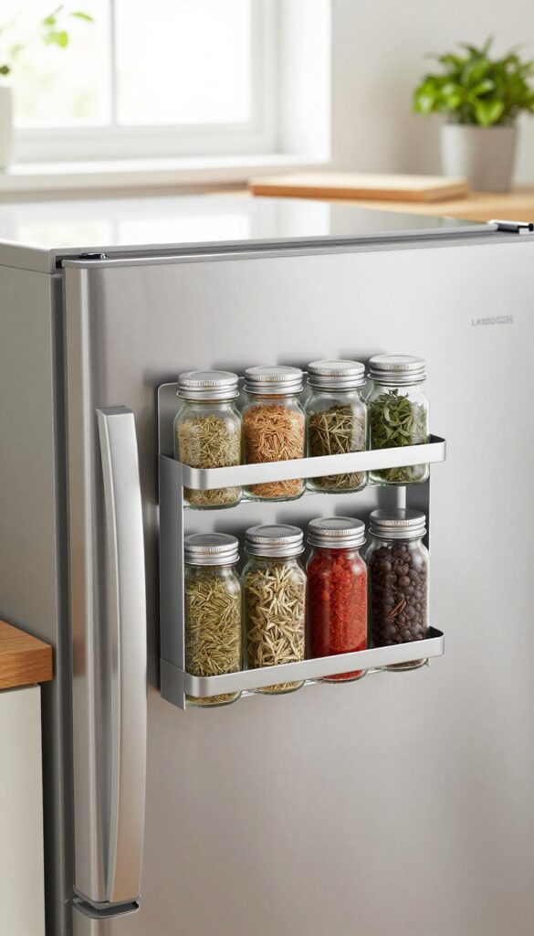 Magnetic spice rack on side of refrigerator in bright kitchen