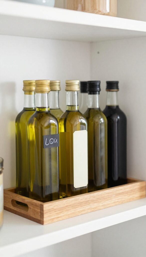 Organized pantry shelf with a tray of oils, vinegars, and condiments, labeled and upright.