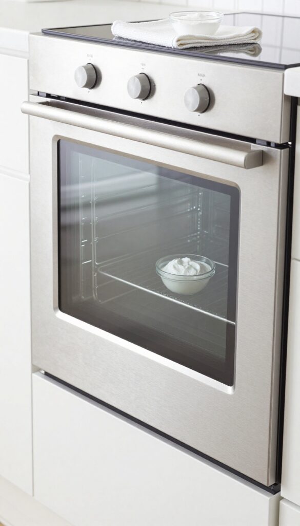 Clean oven door glass with baking soda paste and microfiber cloth