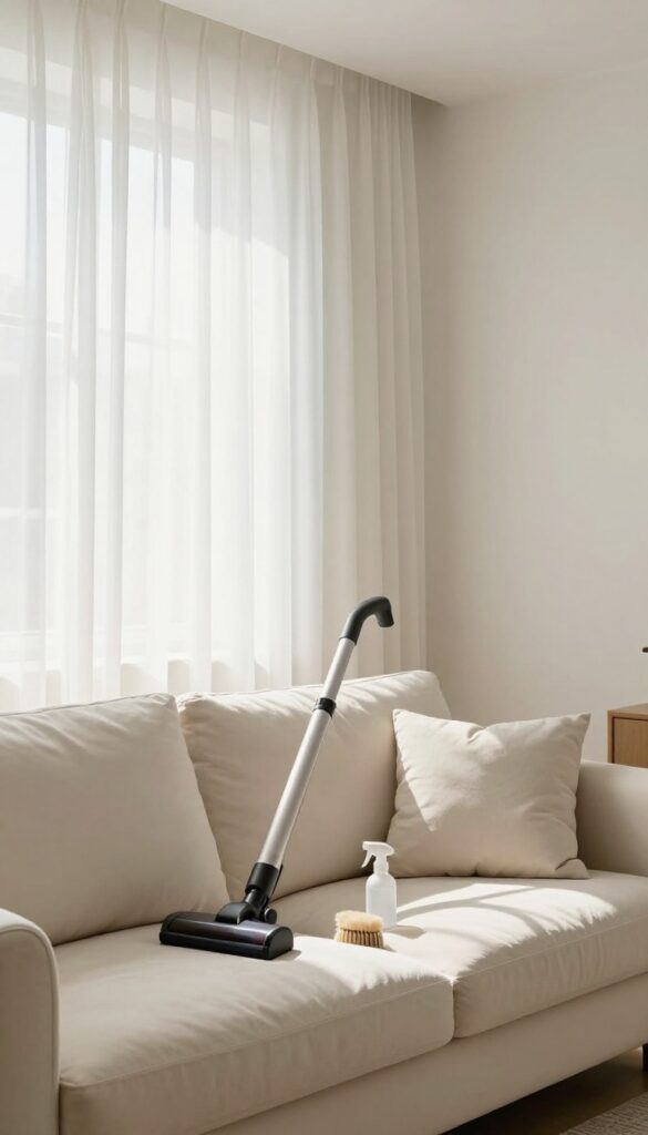 Clean upholstery and curtains in a bright living room with a fabric steamer and vacuum