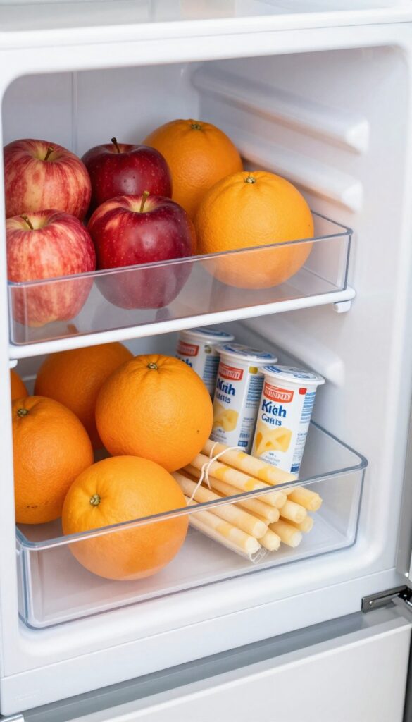 Fridge drawer with dividers separating fruits and snacks