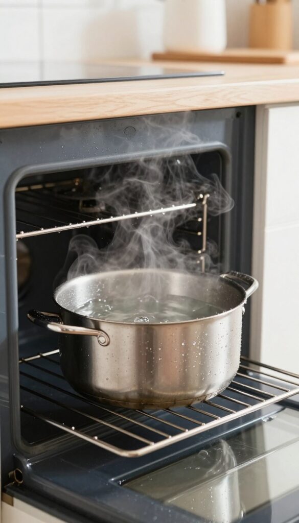 Steam cleaning oven racks with a pot of water
