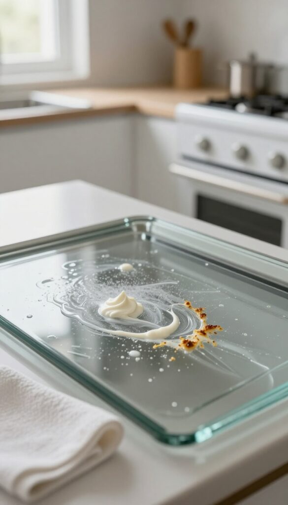 Spraying cream of tartar and vinegar solution on a glass oven door for cleaning