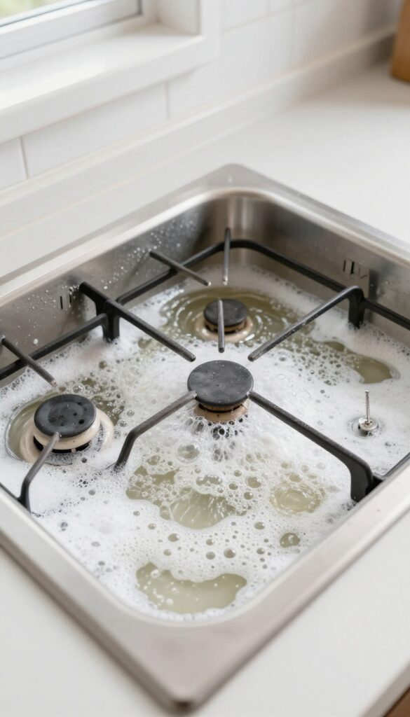 Gas stove grates soaking in a vinegar and baking soda solution in a plastic tub, with bubbles lifting grease.
