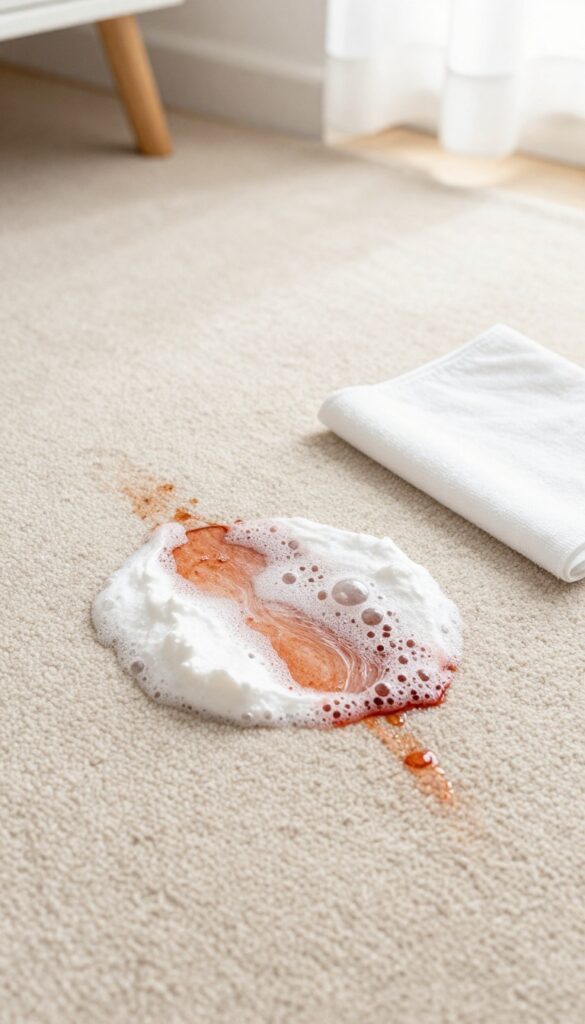 Hydrogen peroxide and baking soda paste applied to a blood stain on a beige carpet, with fizzing action and a cloth nearby.