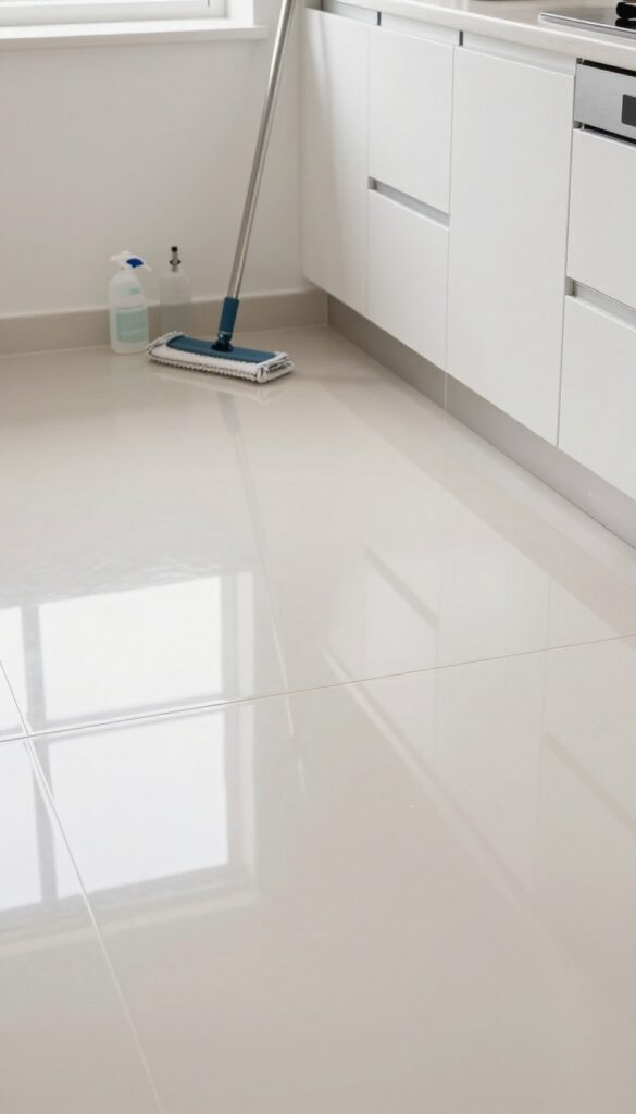 Shiny vinyl floor mopped with glycerin solution in a bright kitchen