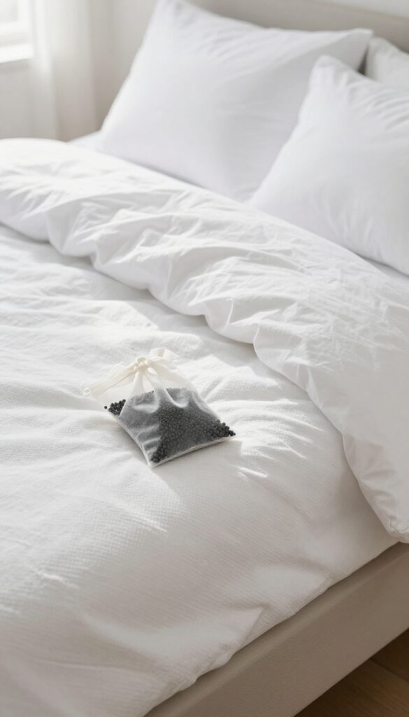 Activated charcoal bag placed between mattress and box spring for odor removal