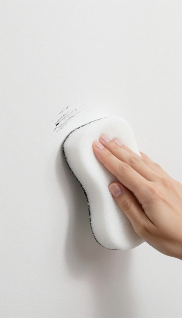 A hand using a white melamine foam sponge to erase a scuff mark on a white wall.