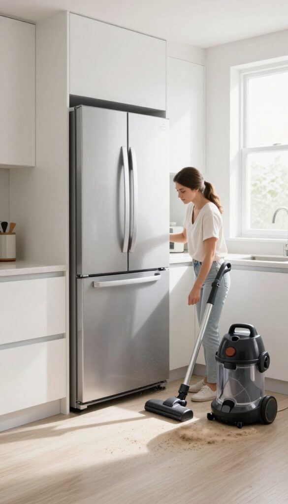 Kitchen with refrigerator pulled out, dusty floor, vacuum cleaner, bright natural light, cleaning inspiration