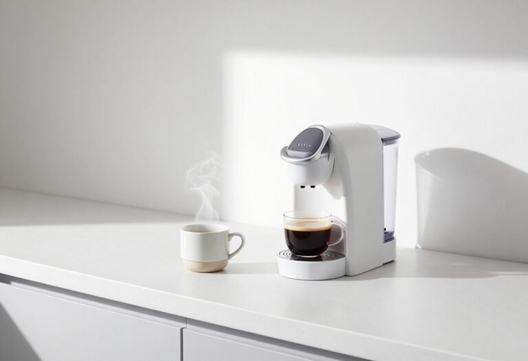 Clean Keurig coffee maker with a cup of coffee on a kitchen counter