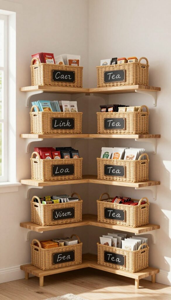 Open shelving with labeled woven baskets in a small corner pantry, showcasing an organized and airy storage solution.