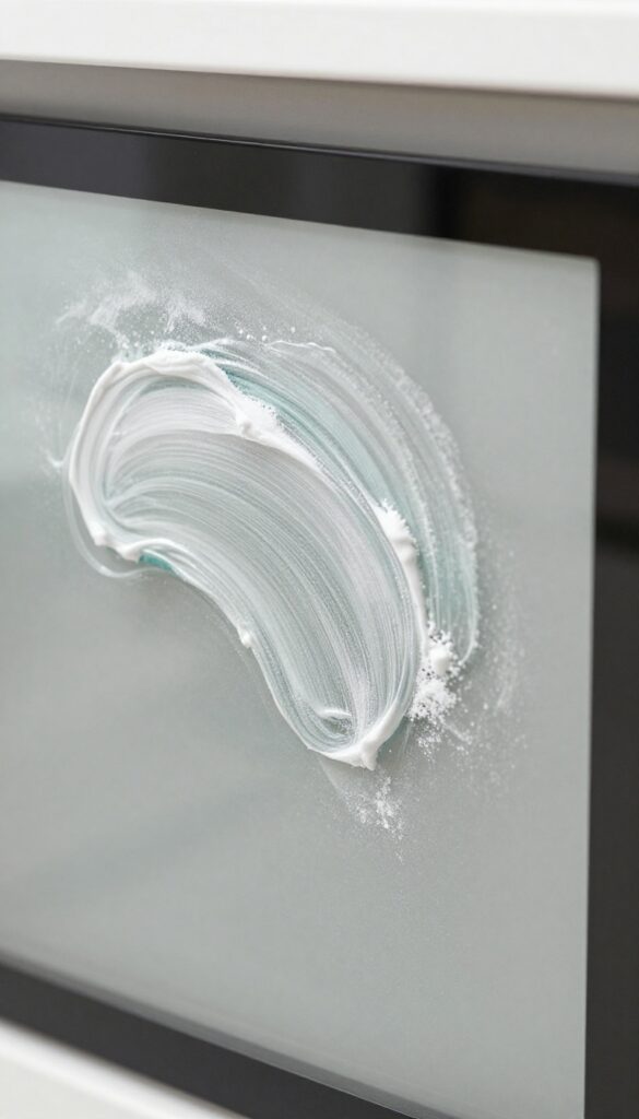 Applying baking soda paste to oven door glass for cleaning