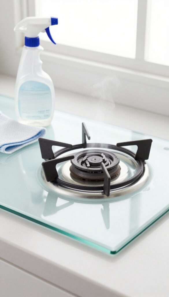 Close-up of a glass stove top with cleaner and microfiber cloth, natural light