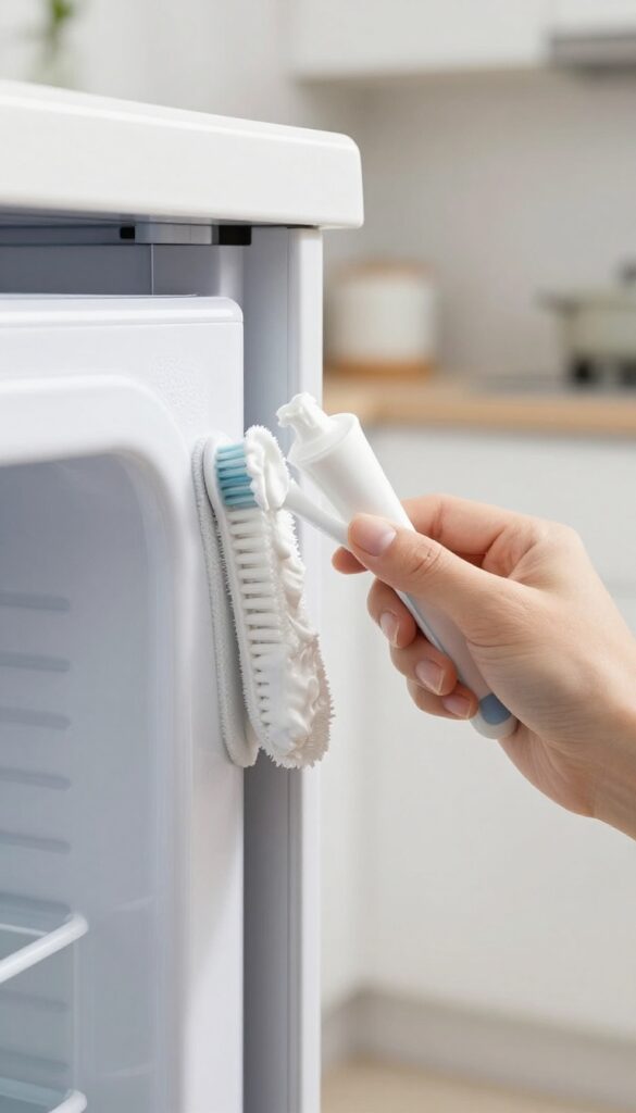 Cleaning fridge gasket with toothpaste and toothbrush