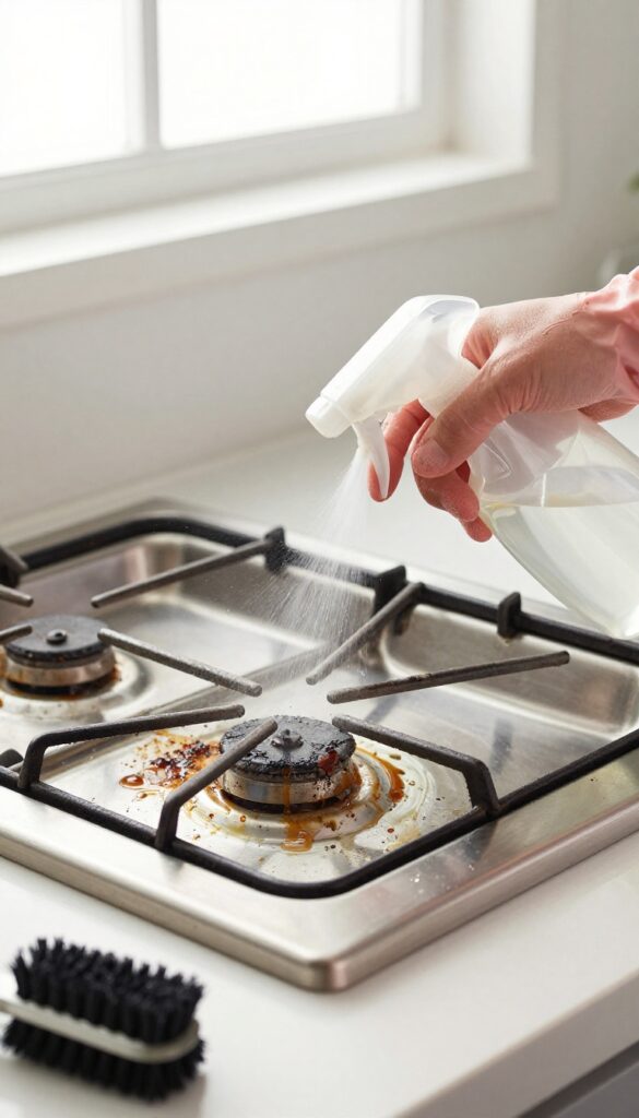 Oven cleaner spray being applied to a greasy gas stove grate with gloves and brush nearby