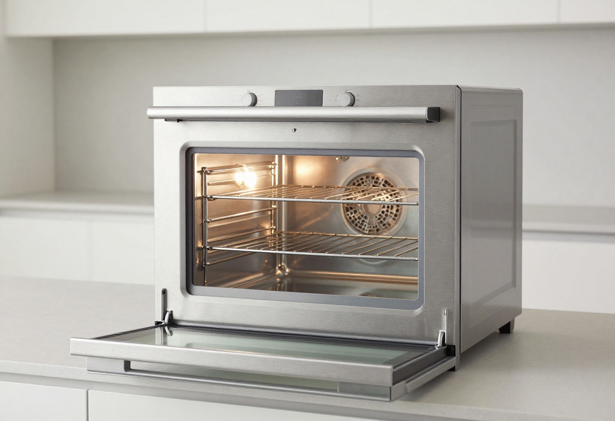 Clean oven interior with shiny racks and glass door